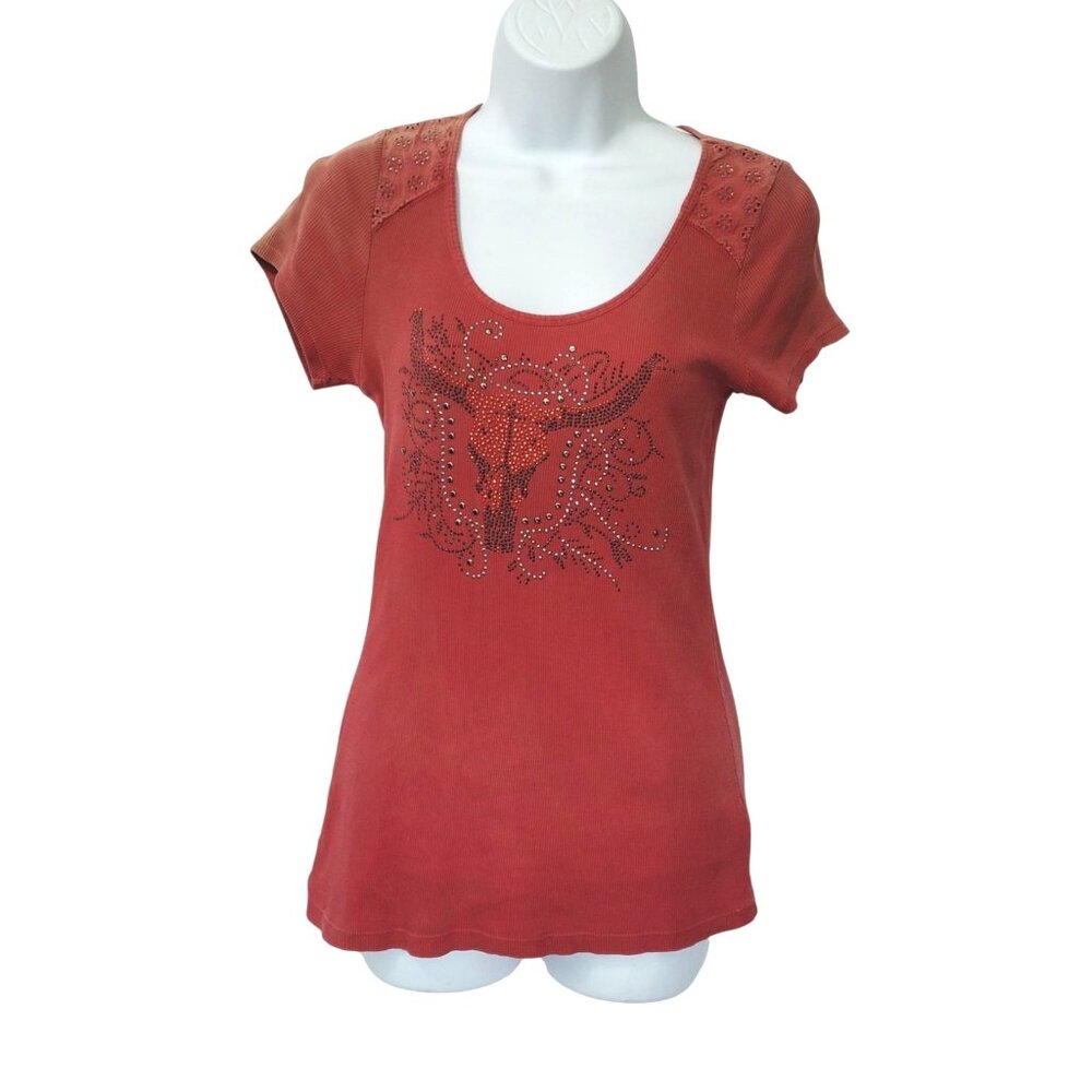 Energe World‎ Wear Womens L Top Sun Faded Sparkle Embellished Bull Head Ribbed